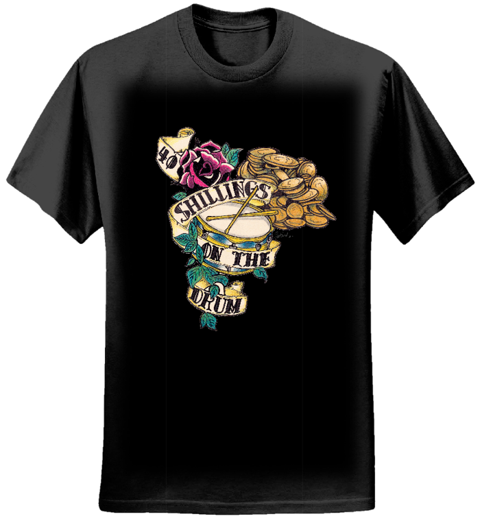 WOMENS: 40 Shillings on the Drum Original Artwork Tee (BLACK) - 40 Shillings on the Drum