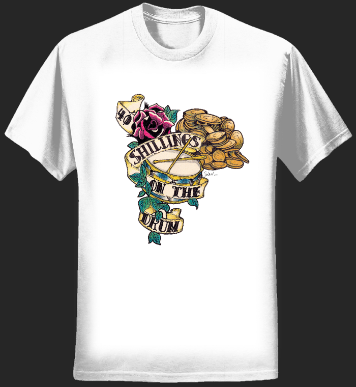 WOMENS: 40 Shillings on the Drum Original Artwork Tee (WHITE) - 40 Shillings on the Drum