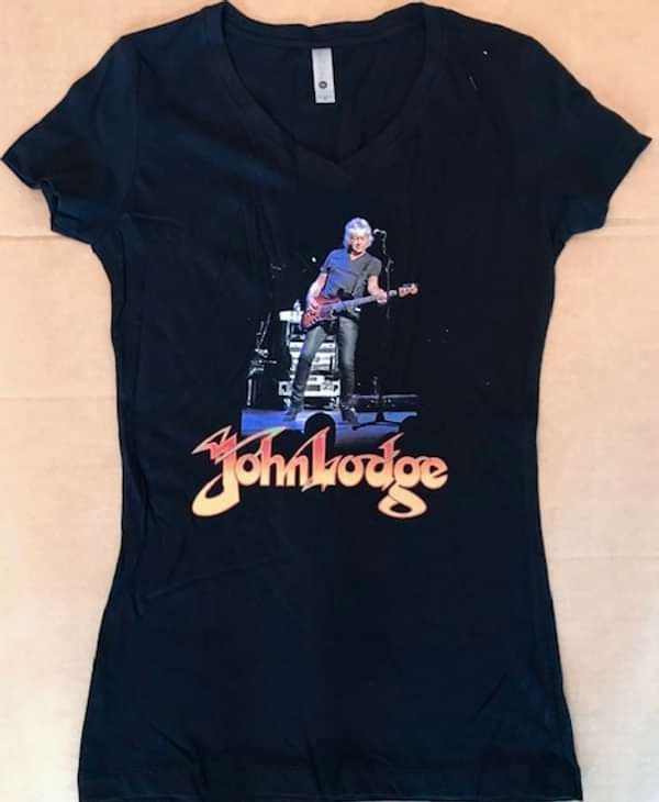 USA 2017 tour - Women's Photo T-shirt on Black with dates on rear.  V neck - John Lodge of the Moody Blues