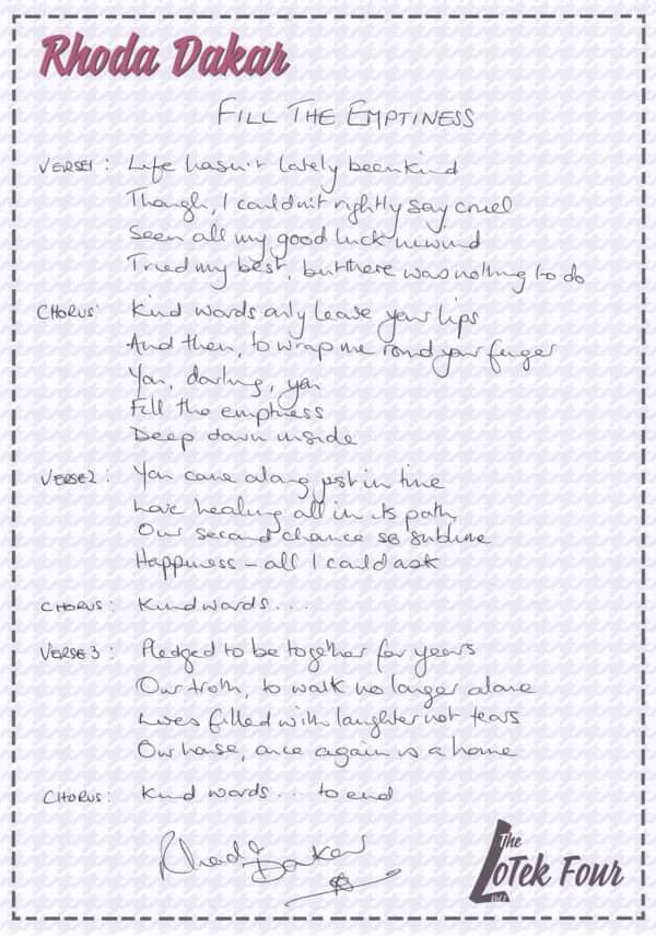 Handwritten Lyric Sheet - Fill The Emptiness - Rhoda Dakar