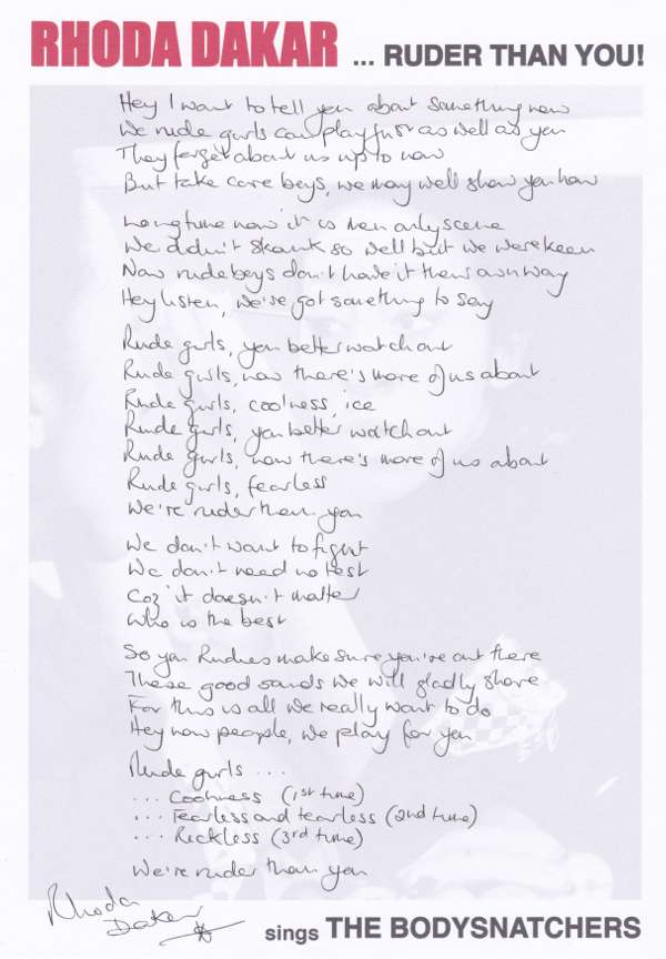 Handwritten Lyric Sheet - Ruder Than You! - Rhoda Dakar