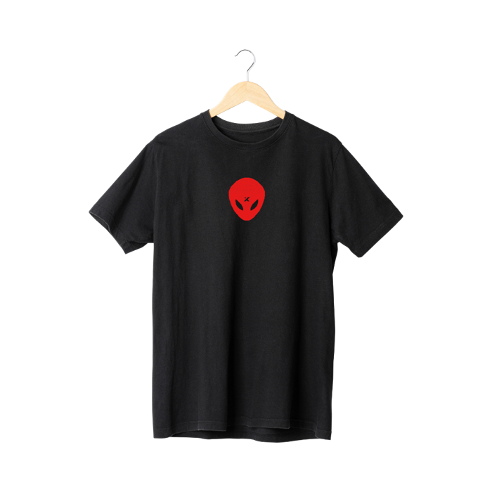 ''Alien in Disguise'' T-Shirt - Black Tee, Red Alien (Size M) - Tally Spear