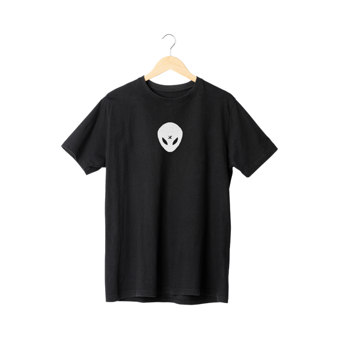 'Alien in Disguise' T-Shirt - Black Tee, White Alien (Size L) - Tally Spear