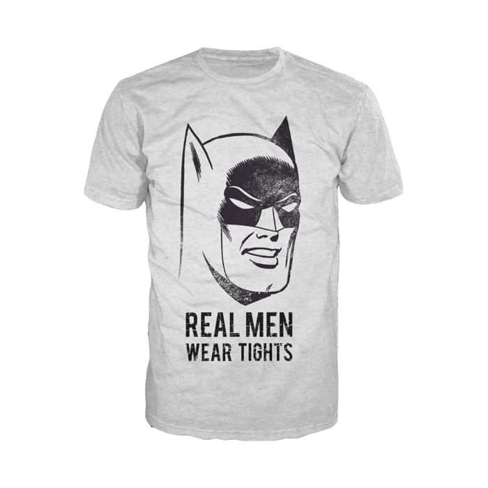 DC Comics Batman Text Real Men Tights Official Men's T-shirt (Heather Grey) - Urban Species