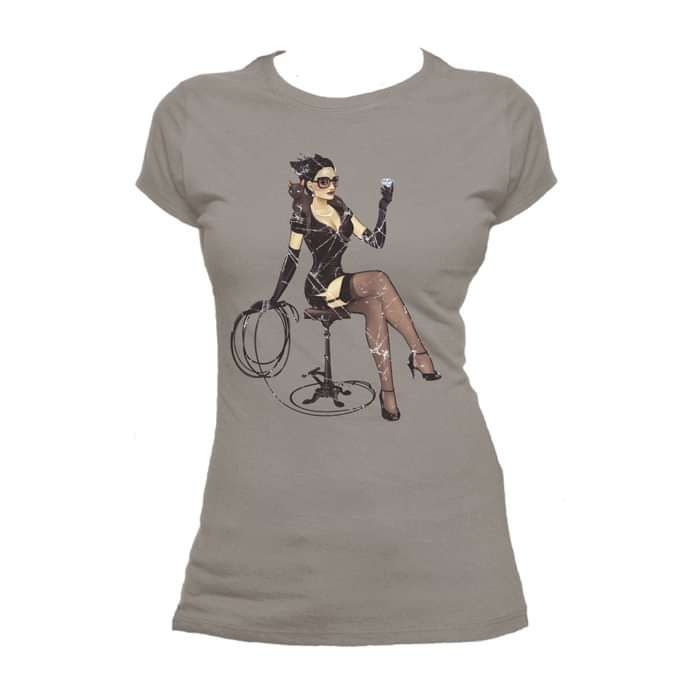 DC Comics Bombshells Catwoman Wine Official Women's T-shirt (Charoal Grey) - Urban Species