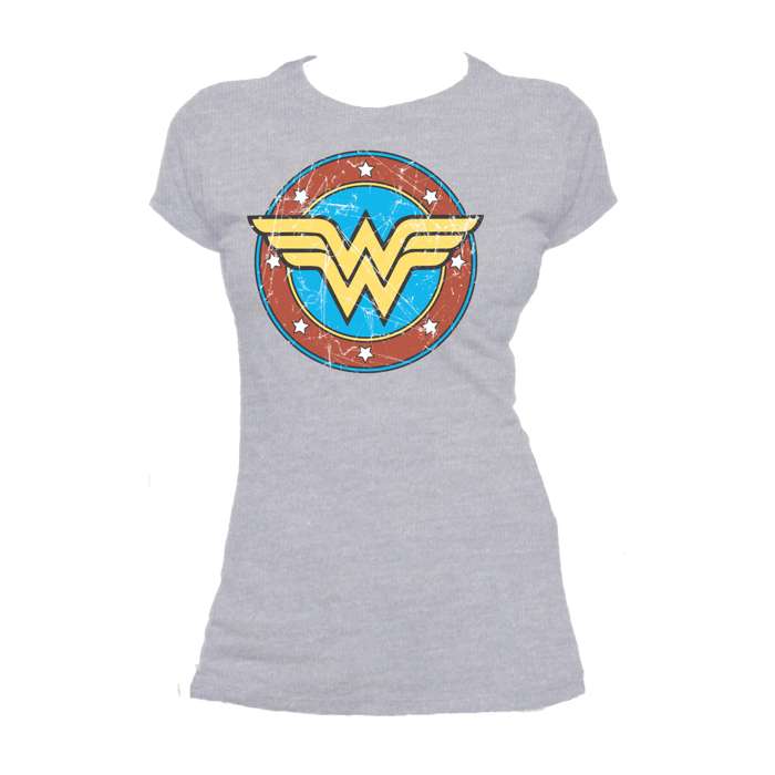 DC Comics Wonder Woman Logo Circle Distressed Official Women's T-shirt (Heather Grey) - Urban Species