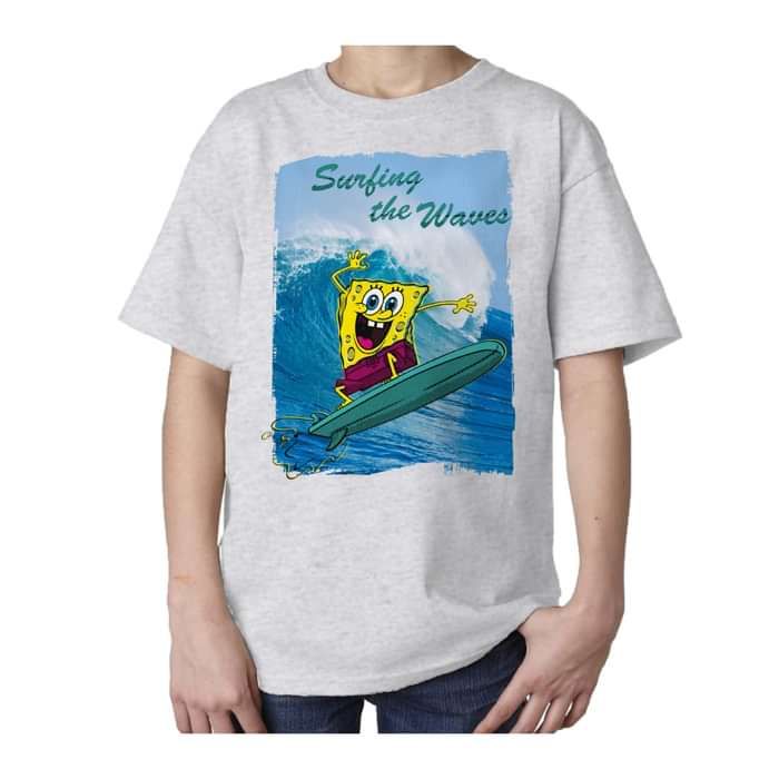 SpongeBob SquarePants Surfing Official Kid's T-Shirt (Heather Grey) - Urban Species
