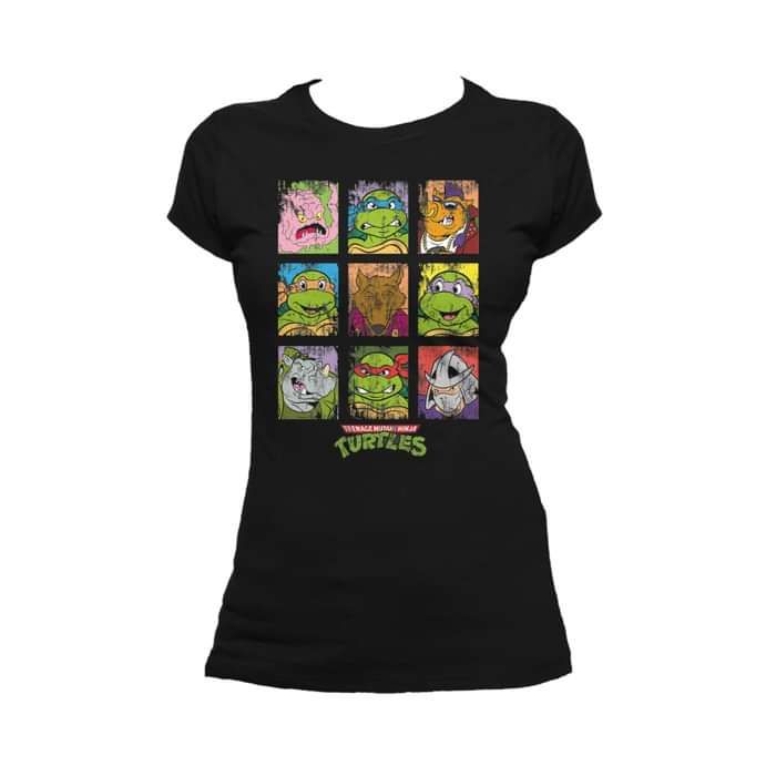 TMNT Group Grid Distressed Official Ninja Turtles Women's T-shirt (Black) - Urban Species