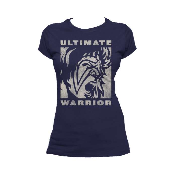 WWE Ultimate Warrior Face Distressed Official Women's T-shirt (Navy) - Urban Species