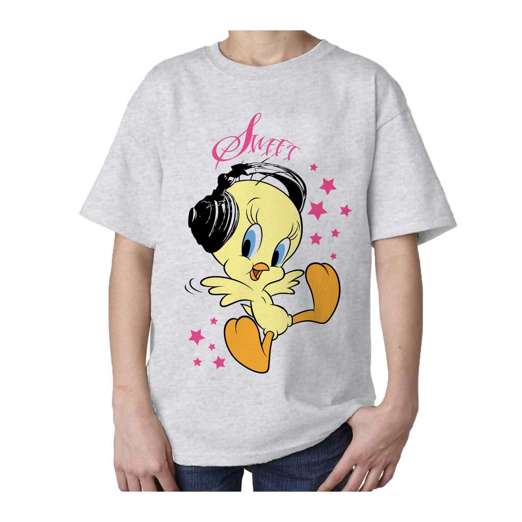 Looney Tunes Headphones T-Shirt Tweety Urban Grey) - (Heather Kid\'s Species Official