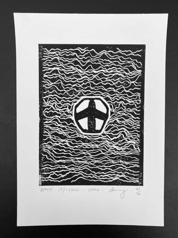 MEXICO PRINT 1 - HARRY'S SIGNED AND NUMBERED LINO PRINT - "DEATH" - White Lies